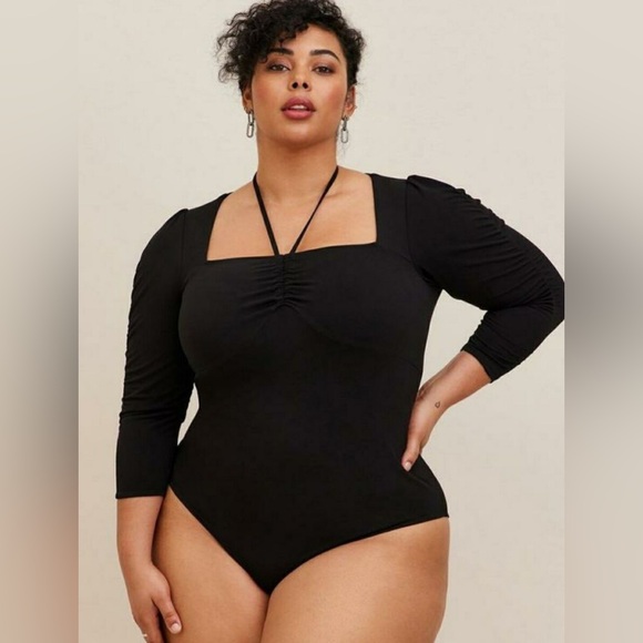 Torrid Sexy Bodysuit Black Size 3 Ruched Halter‎ Tie Puff Sleeve Bodysuit Plus - Picture 1 of 16